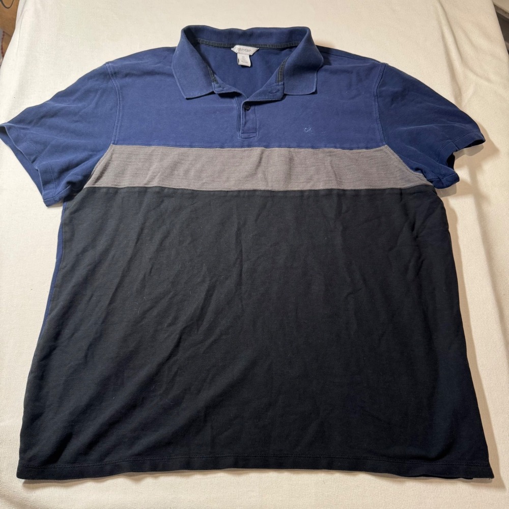 Calvin Klein Mens Color Block Polo Shirt Blue Gray Black Short Sleeve Size Large